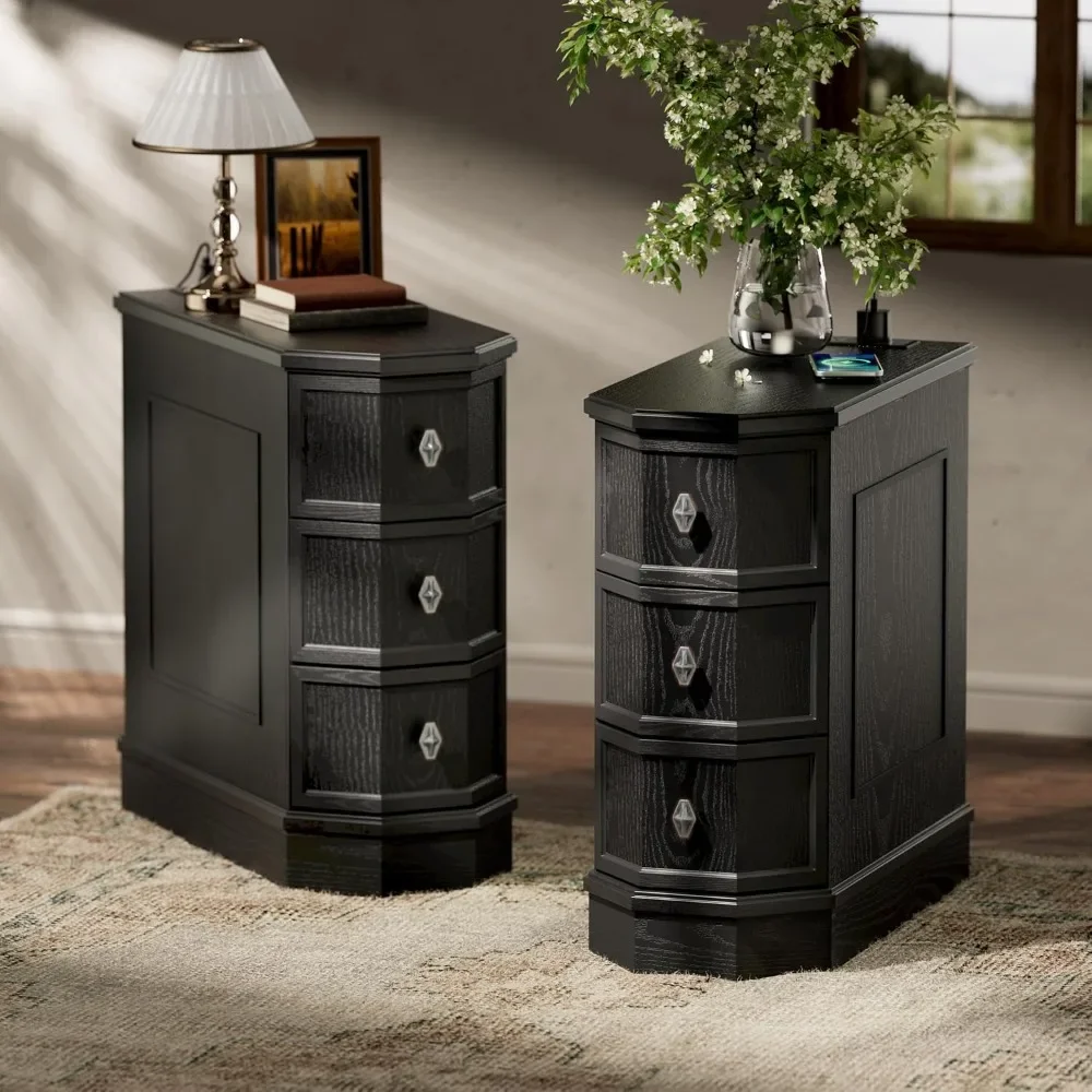 Nightstand Set of 2 with Charging Station, Vintage Wood End Table with 3 Drawer, Victoria Narrow Side Table, Slim Bedside Tables