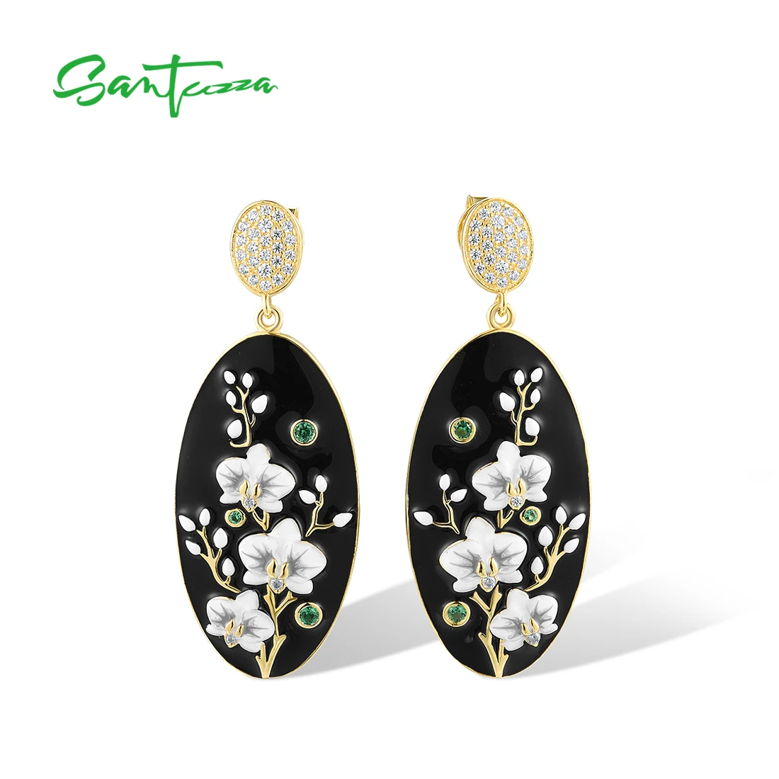 SANTUZZA Real 925 Sterling Silver Drop Earrings For Women Sparkling CZ White Flower Delicate Antique Style Fine Jewelry Enamel