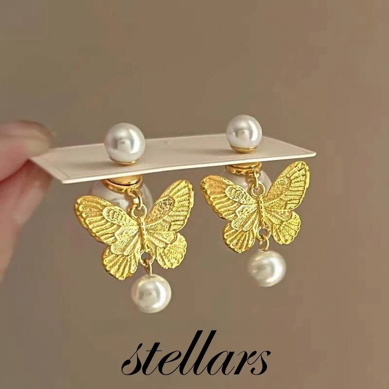 

Vintage Gold Color Butterfly Tassel Double-Sided Pearl Earrings Elegant High-End Studs Fashionable Jewelry for Women