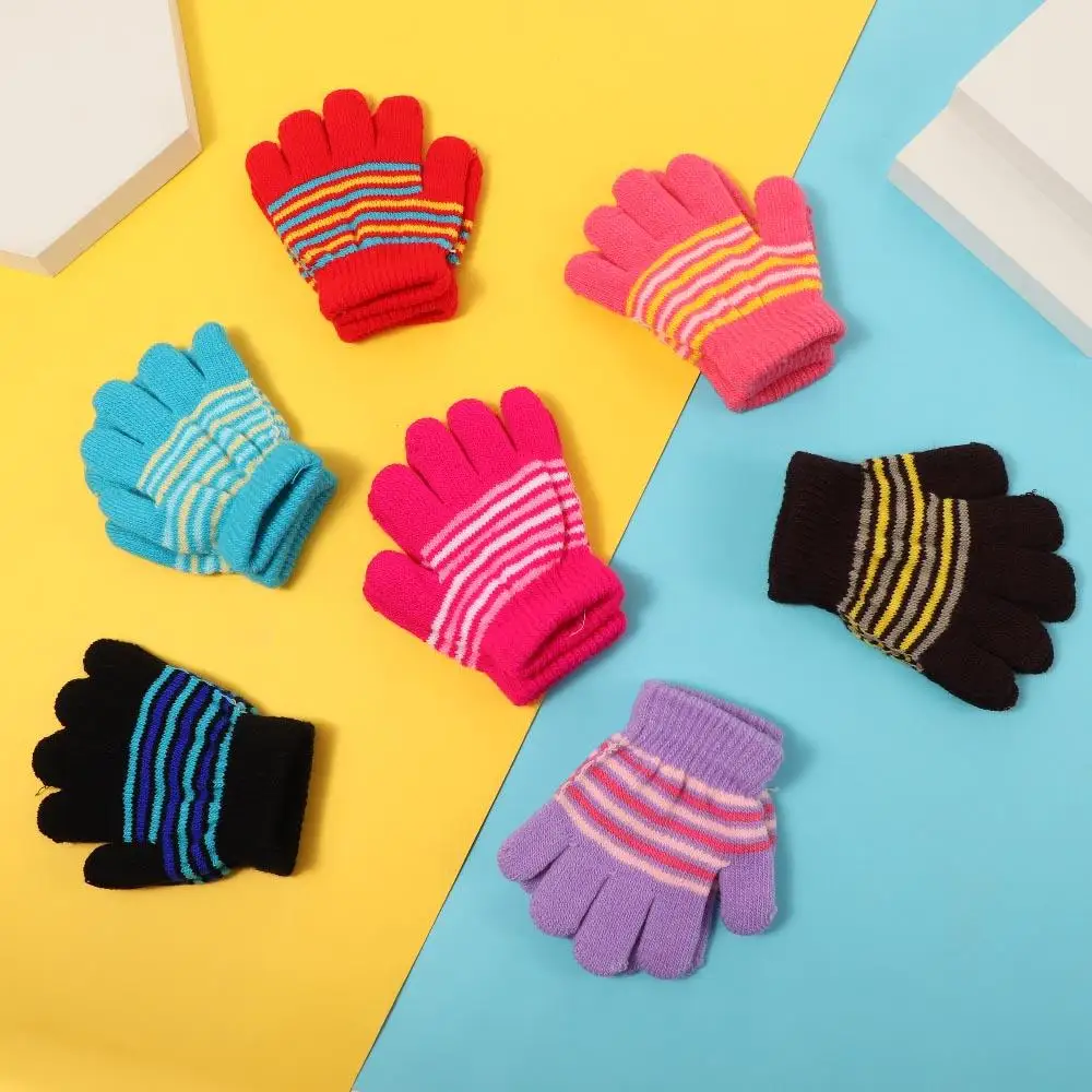

Girls Comfortable Winter Outdoor Sports Warm Soft Finger Gloves Printed Stripe Baby Mittens Thickened