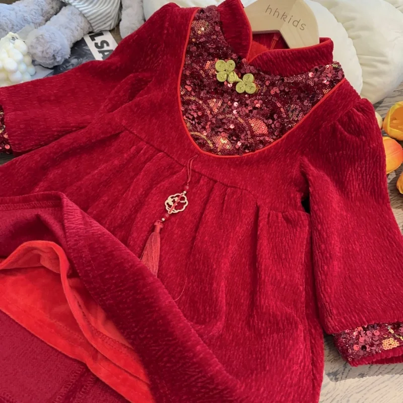 

New Girls Red New Year Dress2025Winter Button Chinese Style Fleece-Lined New Year Dress