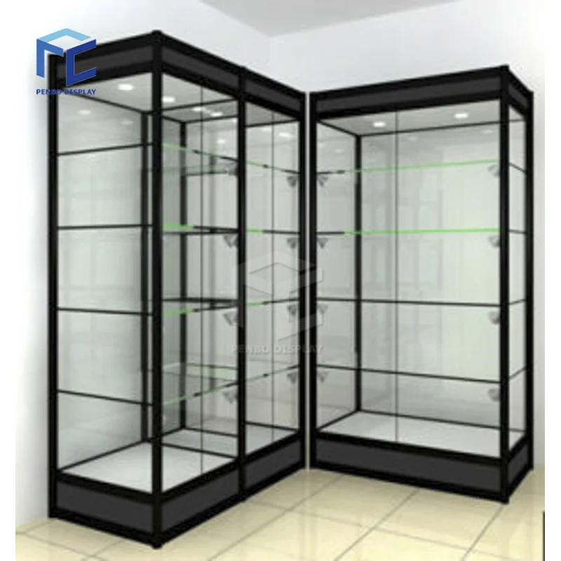 2025customized.Aluminum frame silver customized color glass and MDF corner showcase design with storage cabinet