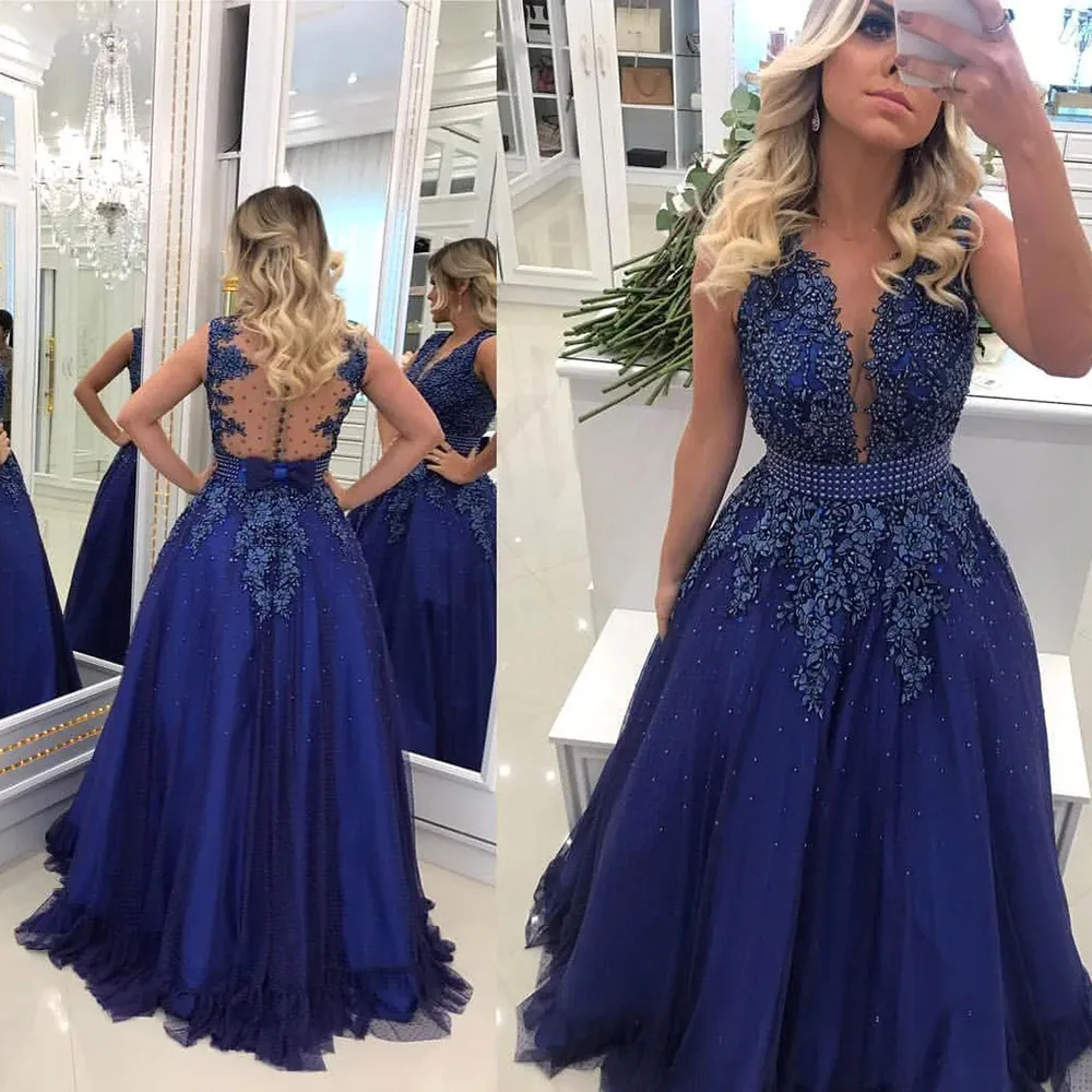 

KSDN Glamorous Blue Evening Dress Sleeveless V-Neck Appliques Beading Floor Length A-Line Organza Special Occasion Vestidos 2024