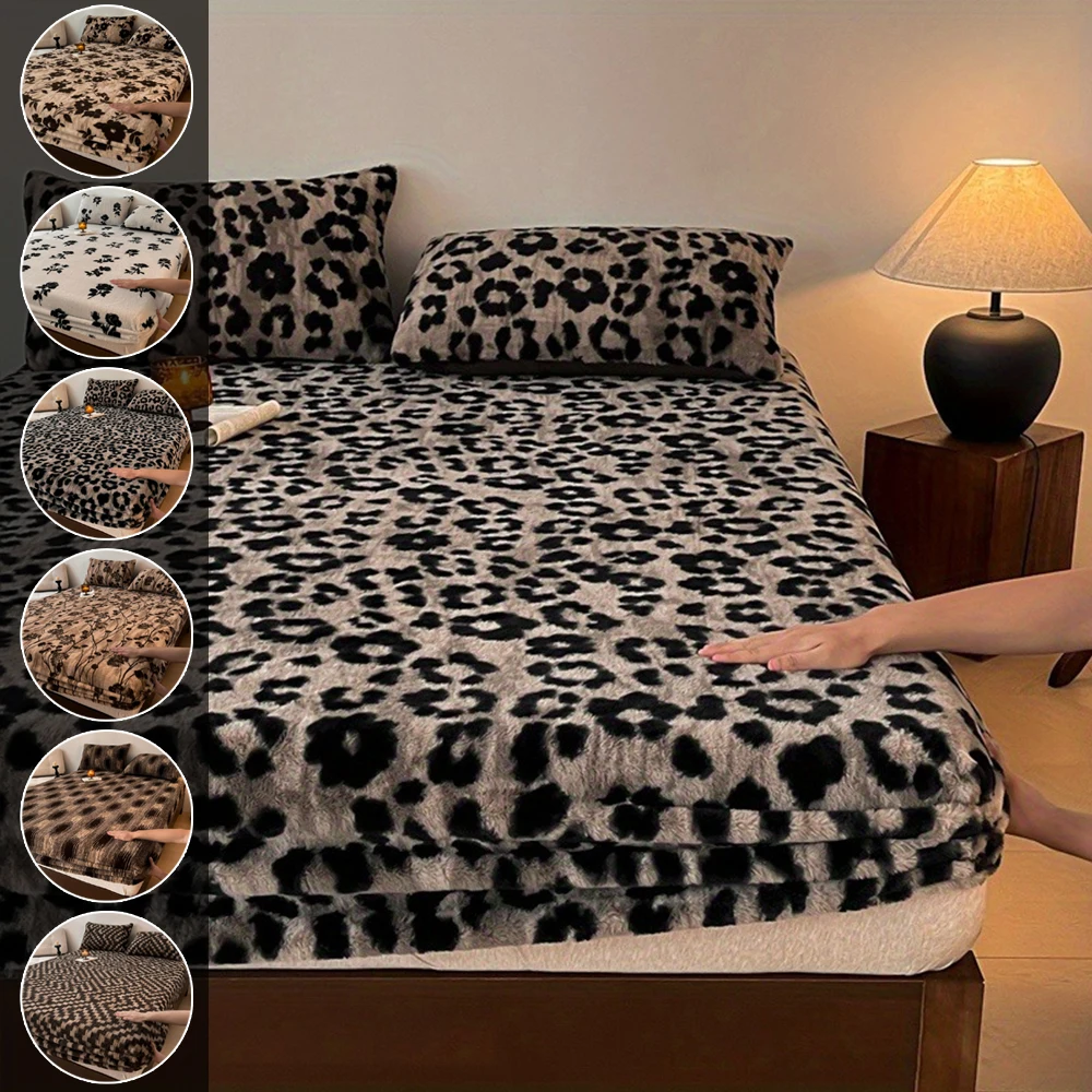 

Non Slip Fitted Bed Sheet with Elastic Band Leopard Print Adjustable Plush Mattress Cover for Single King Queen Bed Drap Housse