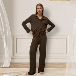 Autumn Brown 2024 Modal Cardigan Long-sleeved Trousers Pajamas 2PCS Set Comfortable Soft Female Home Clothes Sleepwear Nightwear
