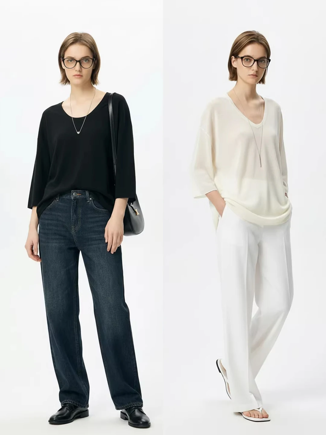 

Loose Fit Knitted Tee with Bell Sleeves U-Neck Casual Style Women's Cotton Blend Top Seven-Quarter Sleeve round Neck Design
