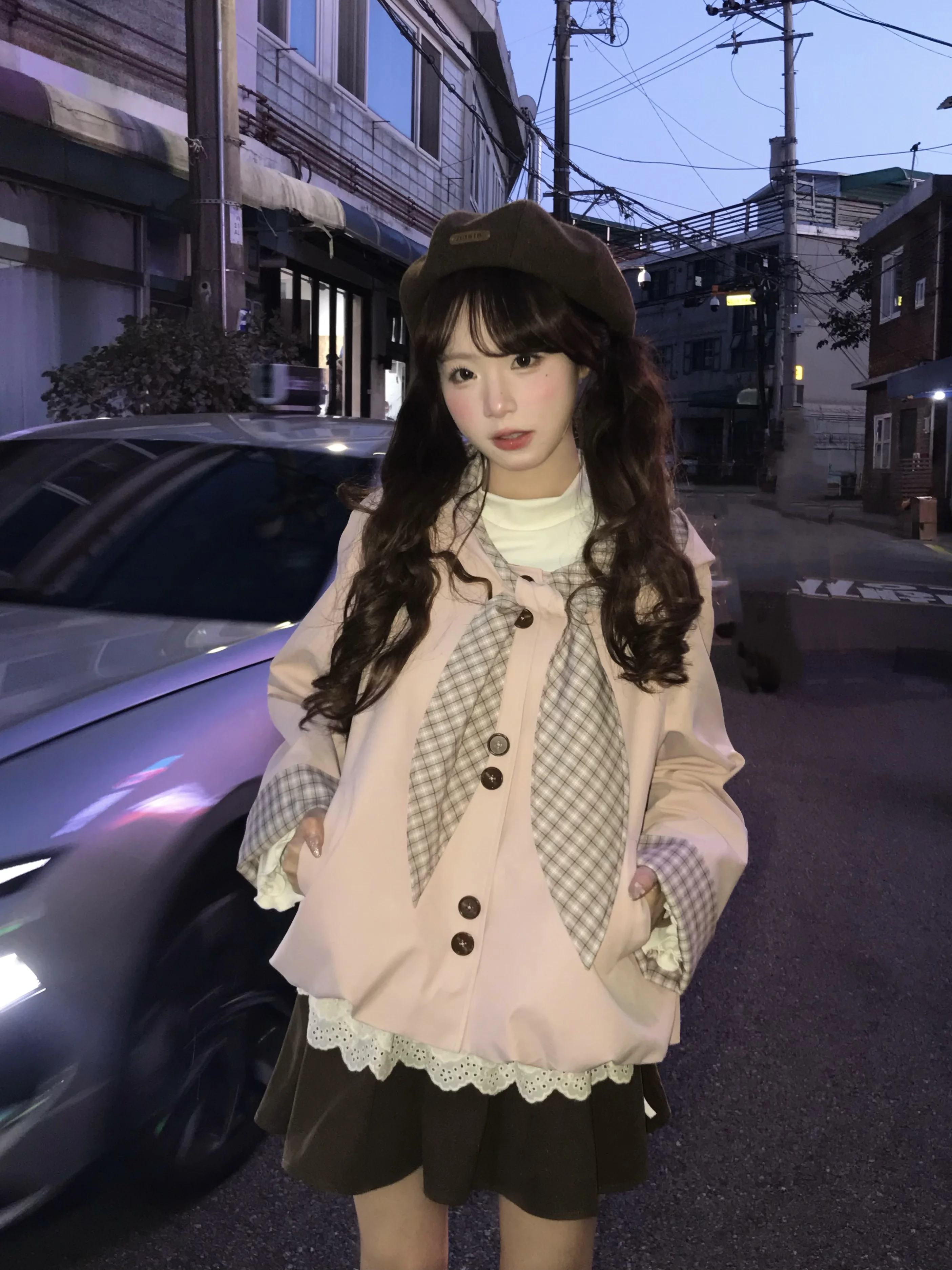 Pink Plaid Lace Splicing Short Skirt Inner Wear Coffee Color Girl's Style Long Sleeve Coat Standard Fit Pure E-commerce Sale