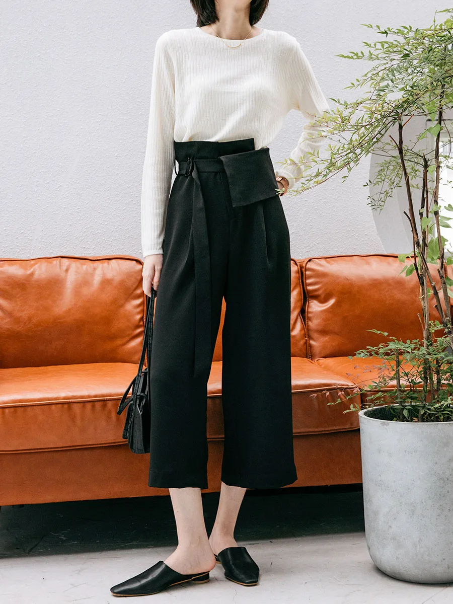 

Оригинальный дизайн, брюки с высокой талией и широкими штанинами, простые повседневные брюки для офиса, осенние свободные брюки, драпированные брюки-кюлоты длиной 7/8