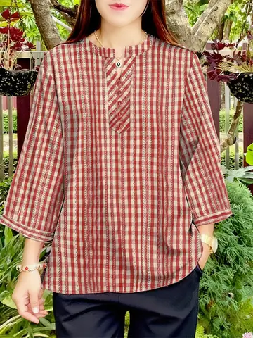 Vintage Women Blouse ZANZEA Autumn Plaid Checked Shirt Feamle V  Neck 3/4 Sleeve Blusas Mujer Casual Loose Tops Oversize Chemise