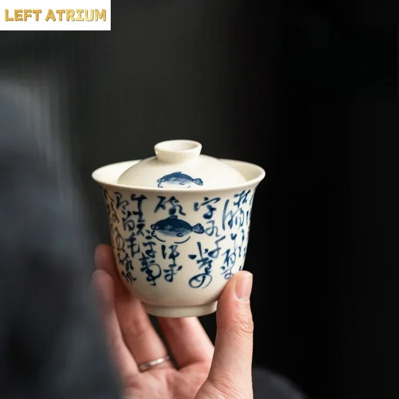 Soda Glaze Gaiwan Ceramic Process Carving Tea Tureen Pigmented Kung Fu Drinkware Tea Bowl
