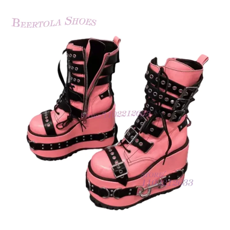 Pink Leather High Platform Lace Up Belt Buckle Boots Cute Girls Wedge Heels Round Toe Ribandblack Rivet Stripes Cool Zipper Shoe