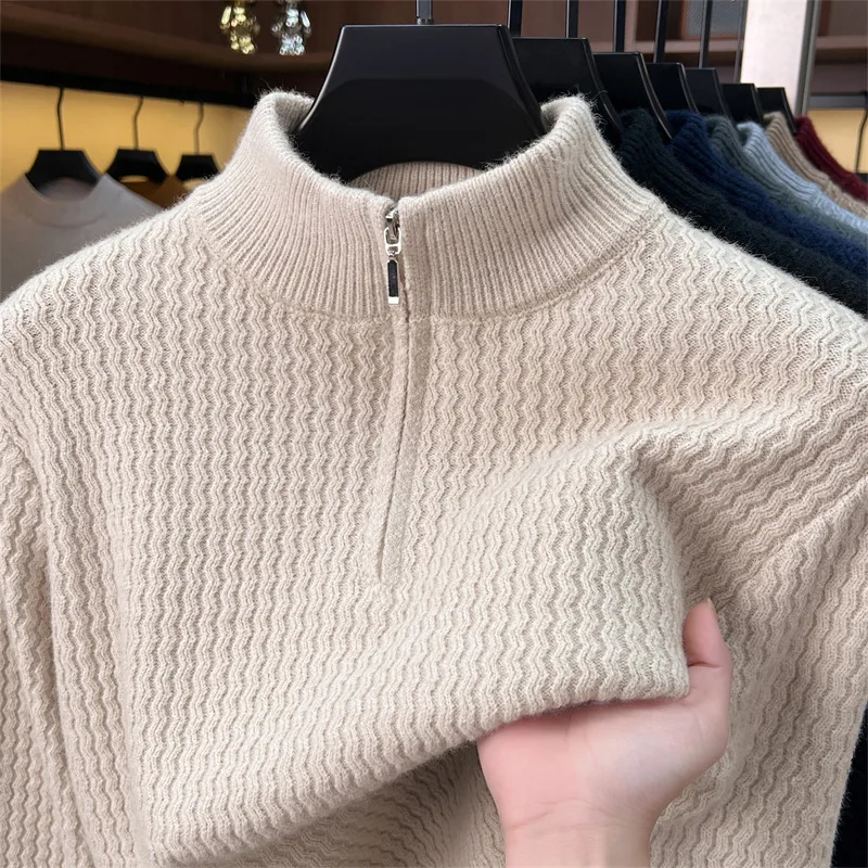 Fashion wave pattern jacquard knitted sweater men's high-end half zipper stand up collar pullover new comfort winter warm top