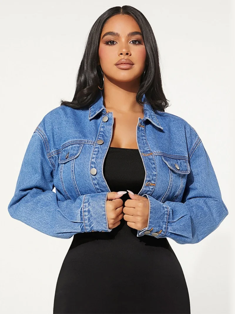 

Street Denim Jacket Coat Autumn Clothes Women Long Sleeve Lapel Single Breasted Cropped Jean Jacket Casual Basic Short Jean Coat