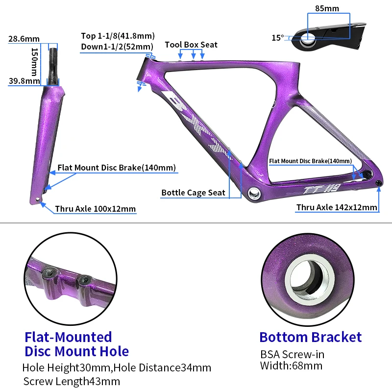 BXT Carbon Fiber TT Bike FrameSet Thru Axle Disc Brake Road Frame with TT Handlebar TT Storage Case Bottle Cage Racing Cycling