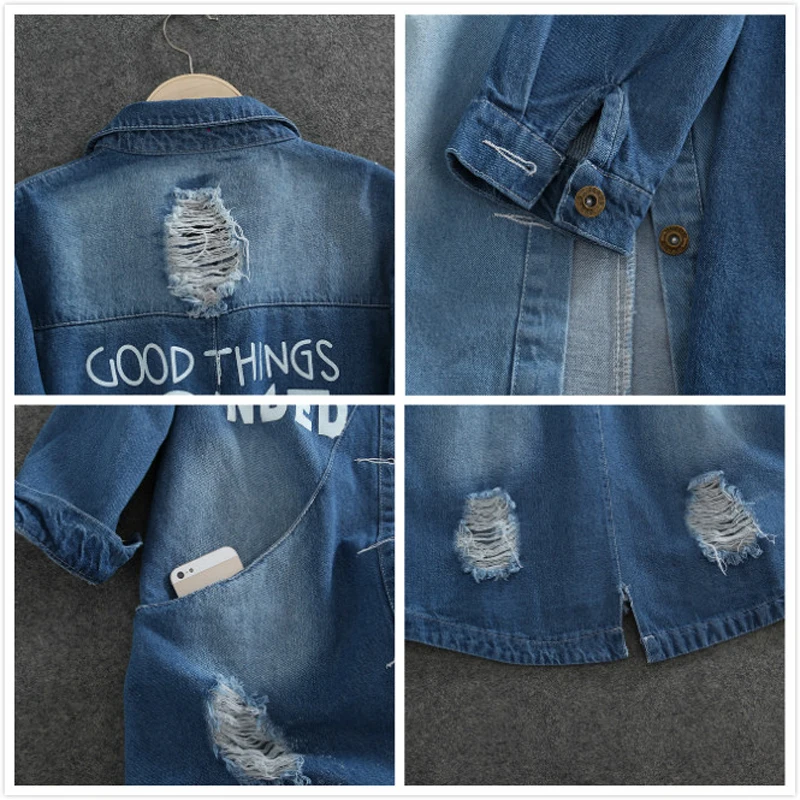 Long Denim Jacket Hole for Women Oversize Coat Casual Loose Jeans, Female Outwear, Windbreaker Autumn Coat Letter Plus Size 2025