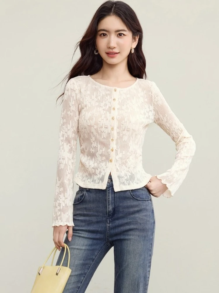 SENTUBILA Women's Lace Cardigan Autumn 2025 Elegant Commuter Waterprint Silhouette O-Neck Flared Sleeve Elastic Top 153SA3771