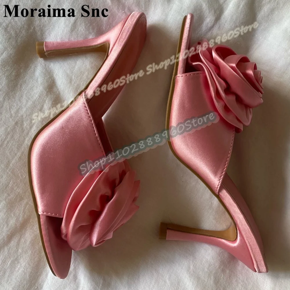 Pink Satin Rose Flower Slippers Stilettos High Heel Shoes For Women Slip On Peep Toe Casual Party Elegant Stylish Women Slippers