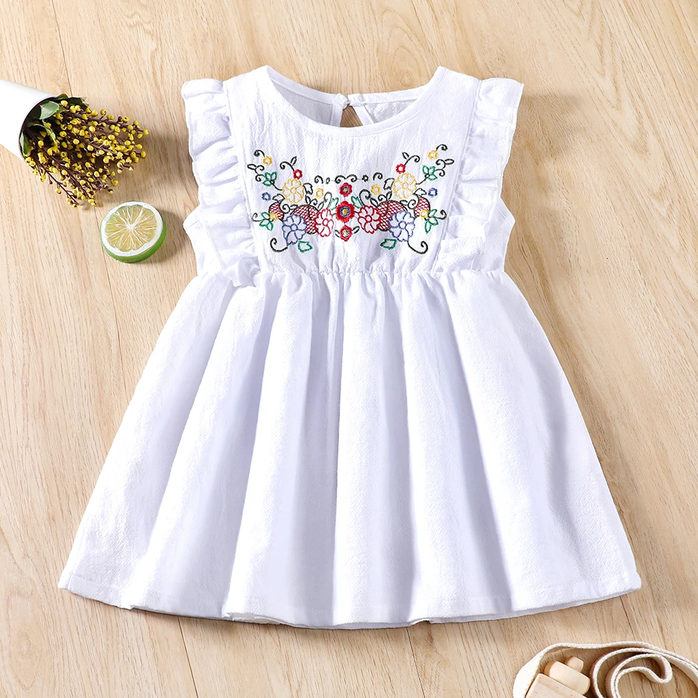 

AML Toddler Girls Floral Embroidery Ruffled Summer Dress White Color 3-24 Months Cotton Sundress