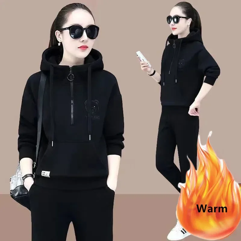 Korean Hooded Sweatshirt Pantsuit Autumn Winter Plus Velvet Thick Casual Tracksuit Women Outfits Jogging Sportswear 2 Piece Set