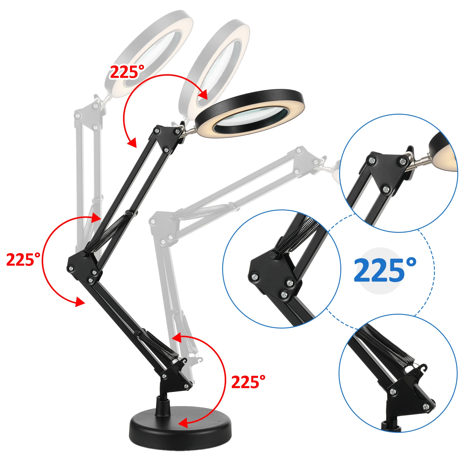 10X Magnifying Glass with Light Stepless Dimmable 2-in-1 Desk Lamp and Clamp Adjustable Swing Arm LED Lighted Desk Lamp Hands