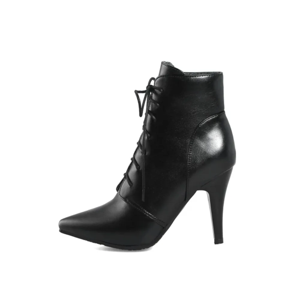 QPLYXCO Super Big Size 53 54 Ankle Boots for Women Spring Autumn Winter Pointed Toe High Heels Lace Up Party Wedding Bootie  A-1