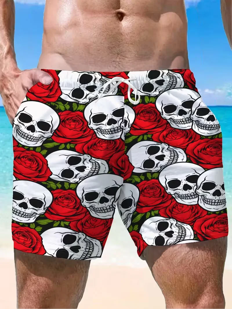 Wildness Meets Romance, Skull and Rose 3D Printed Beach Shorts, Quick-dry Loose Fit for Vacation, Sports, and Leisure
