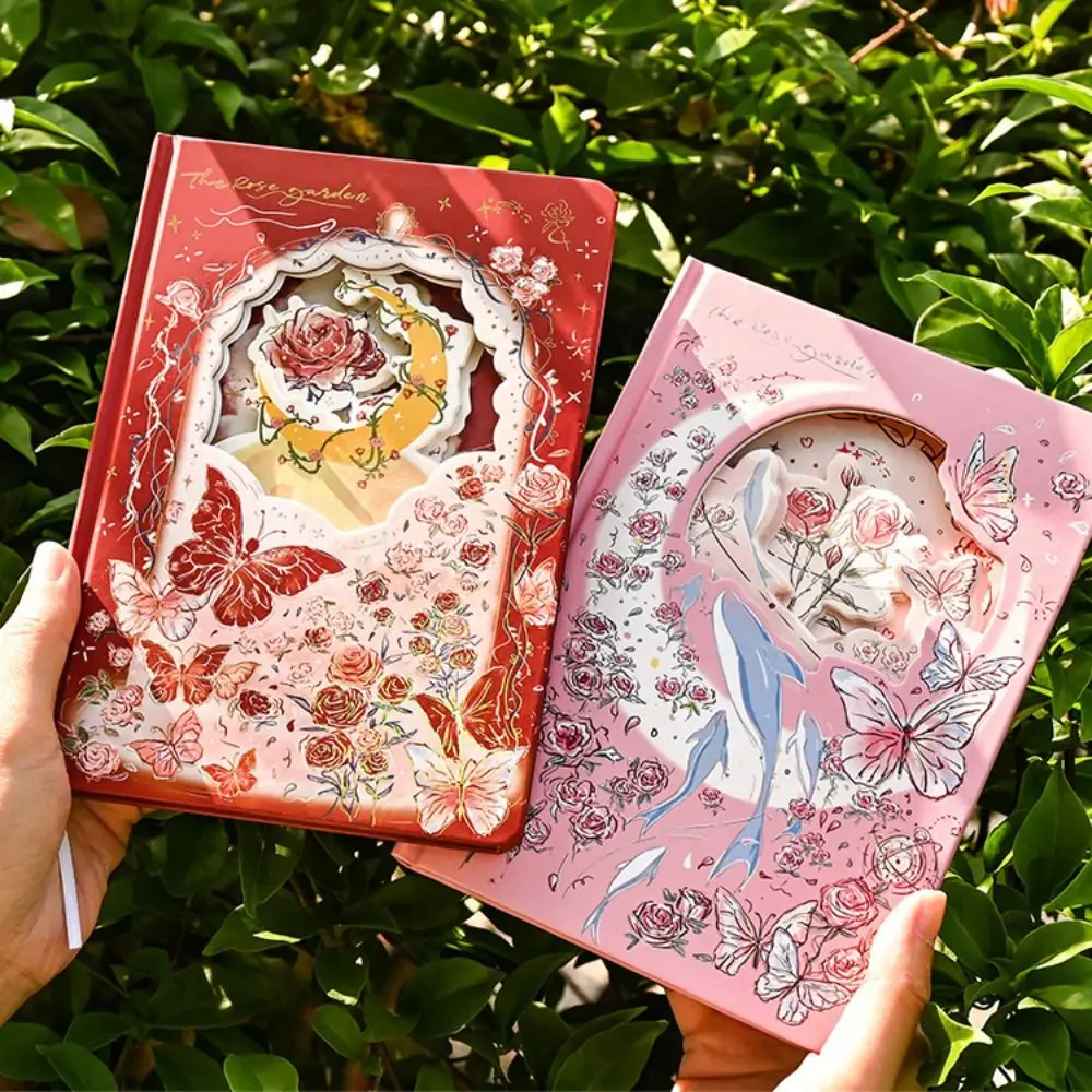 로즈 스타일 정교한 다이어리 노트북 컬러 페이지 다층 레트로 로즈 노트북 선물 스티커 에일리언 홀로우 아웃