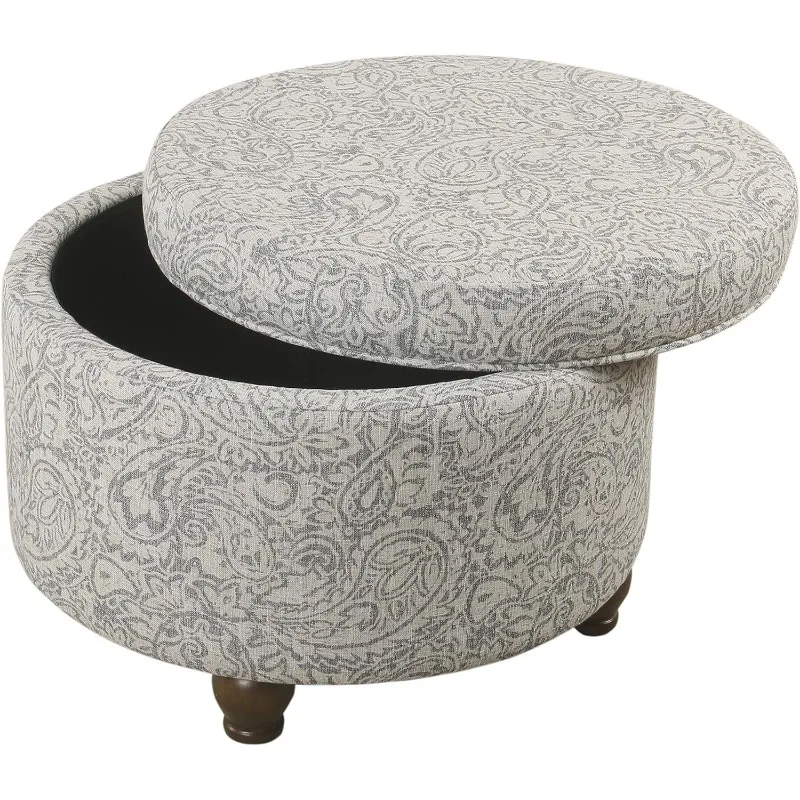 Home Decor | Upholstered Round Storage Ottoman | Ottoman with Storage for Living Room & Bedroom, Gray Floral