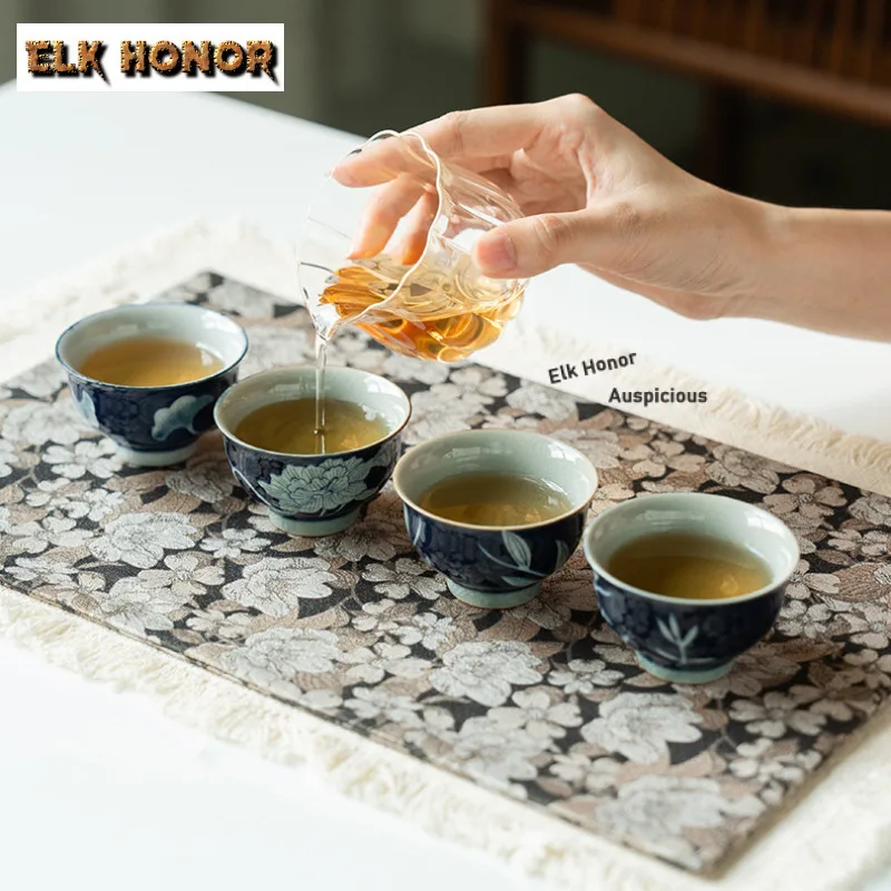 4pc/set Sapphire Blue Pure Hand-painted Teacup Retro Tea Bowl Mug Tea-tasting Meditation Cup Chazhan Master Cups Teaware Craft