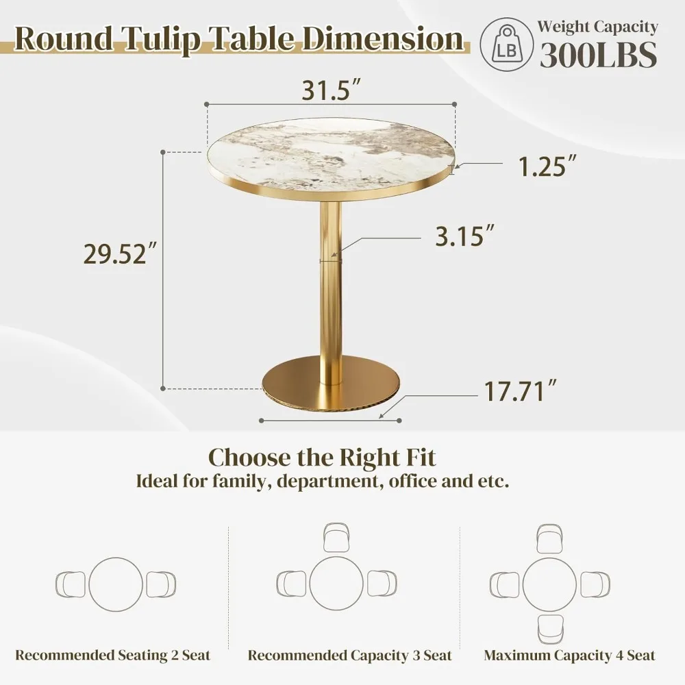 Mesa de cocina moderna Tulip, mesa de comedor redonda con tablero de piedra sinterizada, borde y base dorados, mesa de bistró para 2-4 personas