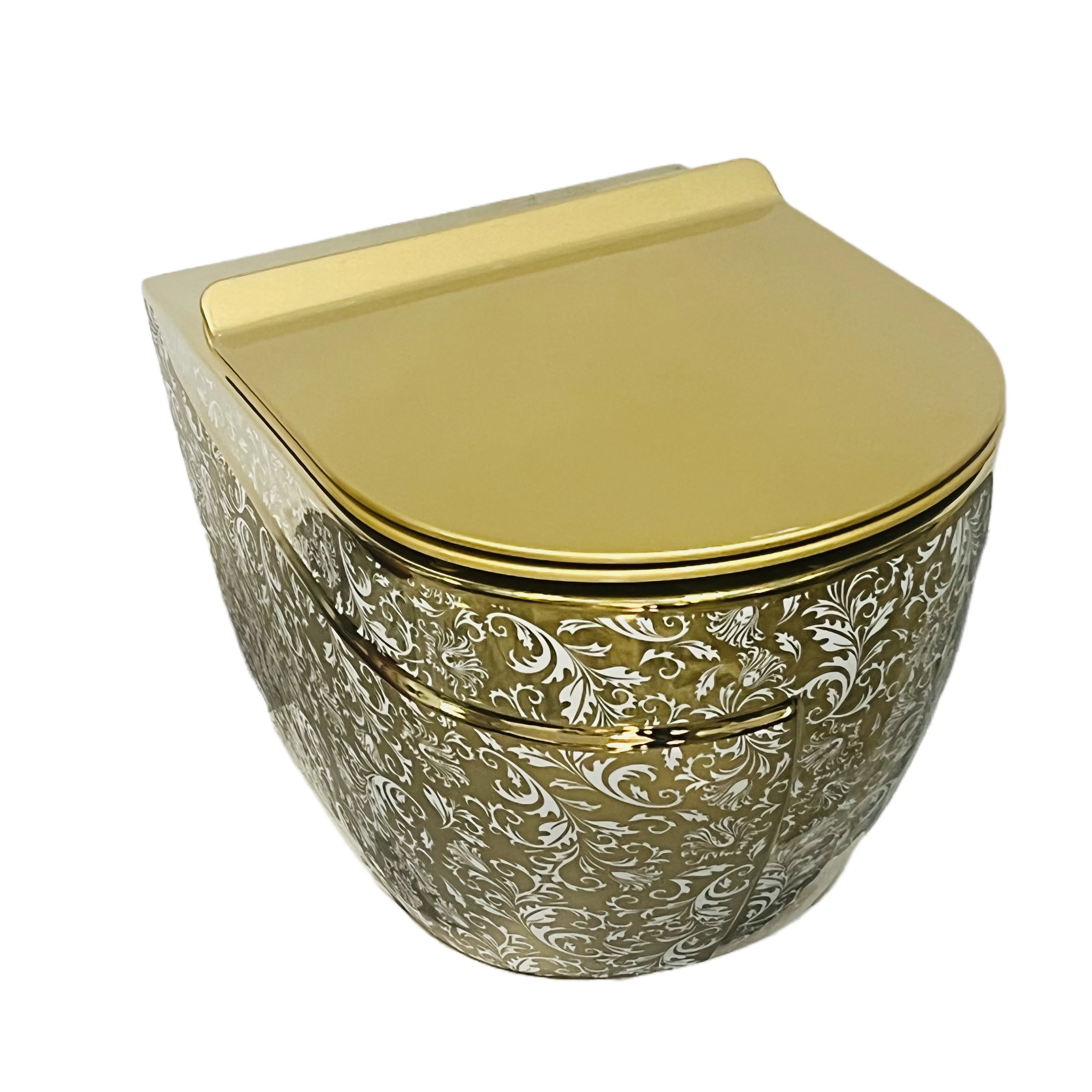 

Luxury Ceramic Sanitary Ware Wall Mounted Toilet One Piece Toilet Bowl Golden Color Wall Hung Toilet Bathroom Set