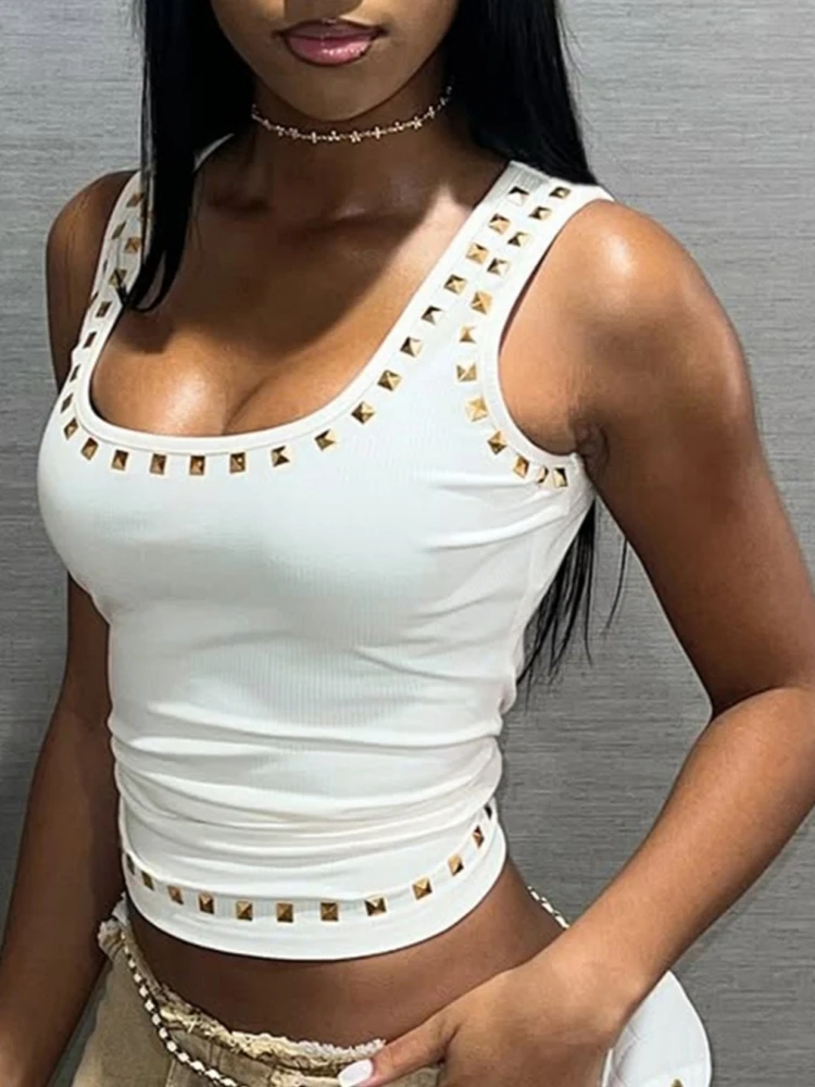 

Rivet Tank Top White Crop Top Women Edgy Clothes Y2k Accessories Square Collar Camison Verano Ropa Mujer Korean Fashion Clothing