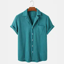 Summer Clothing Men's Luxury Corduroy Plaid Short Sleeve Shirts Casual Streetwear Button-down Solid Color Breathable Vintage