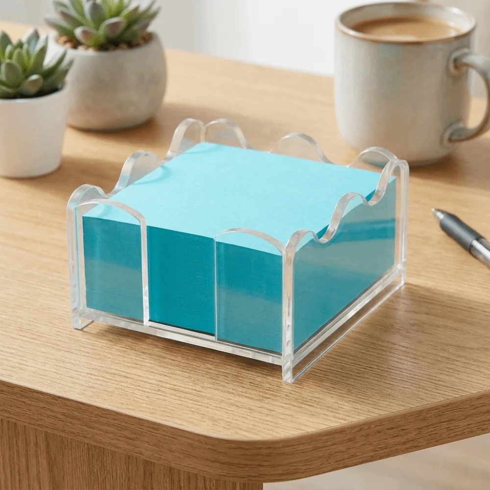 Scalloped Acrylic Sticky Note Holder Wave Edge Multi-Functional Notepad Holder Minimalism Square Shape Paper Organizer