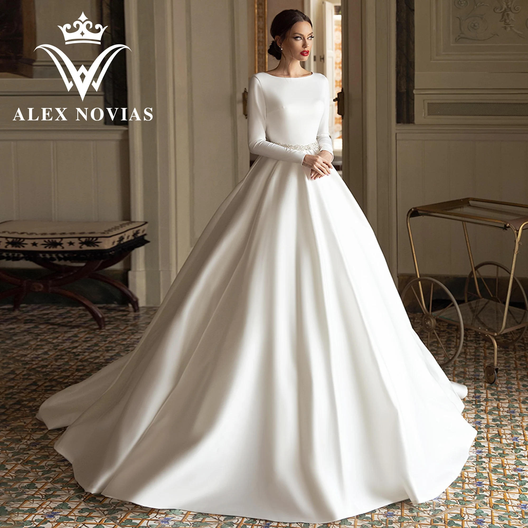 

ALEX NOVIAS Ball Gown Full Sleeve Wedding Dress With CRYSTAL Belt 2023 SCOOP Cut-out Satin Wedding Gown Vestido Novias De Saten