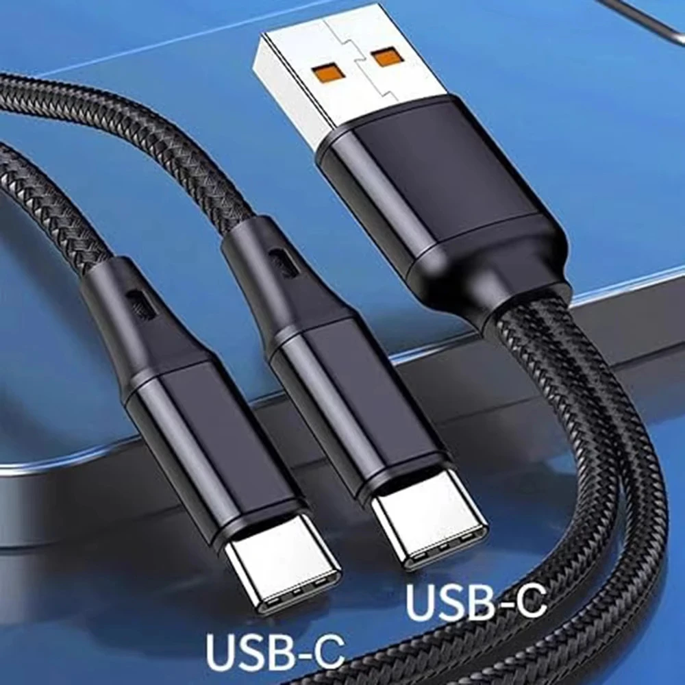 2 in 1 Dual Type-C Splitter Cable 6A USB A To Type C Fast Charging Data Nylon Cord for iphone 17 16 15 Pro Max Xiaomi Samsung