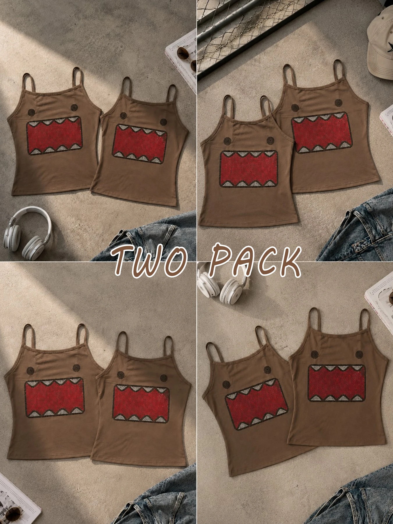 Two Pack Lady Rhinestone Cartoon Print Camisole Y2K Slim Spaghetti Strap Tank Top Adjustable Shoulder Straps Vintage Street Vest