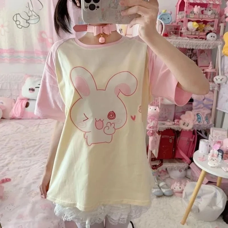

Japanese Sweet Lolita T-shirt Women Cute O-Neck Cartoon Bunny Print Harajuku Loose Tops Y2k Aesthetic Girls Kawaii Fairy Tees