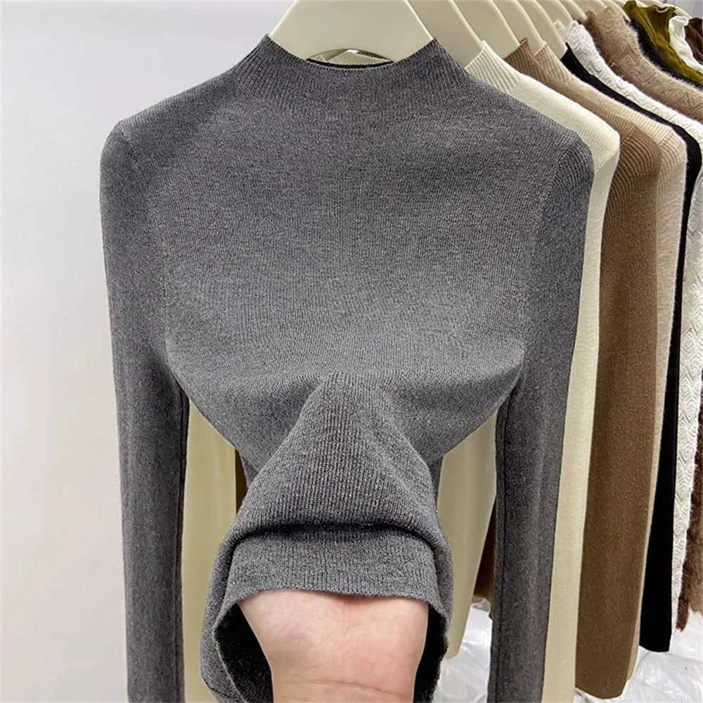 Women's Autumn Winter Half-high Collar Knitted Sweater All-match Solid Color Basic Sweaters Tops Vintage Coffee Pullover Sweater