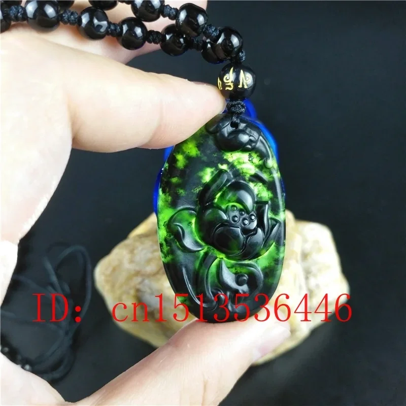 

Certified Chinese Natural Black Green Jade Lotus Pendant Necklace Fashion Jewellery Accessories Hand-Carved Lucky Amulet Top