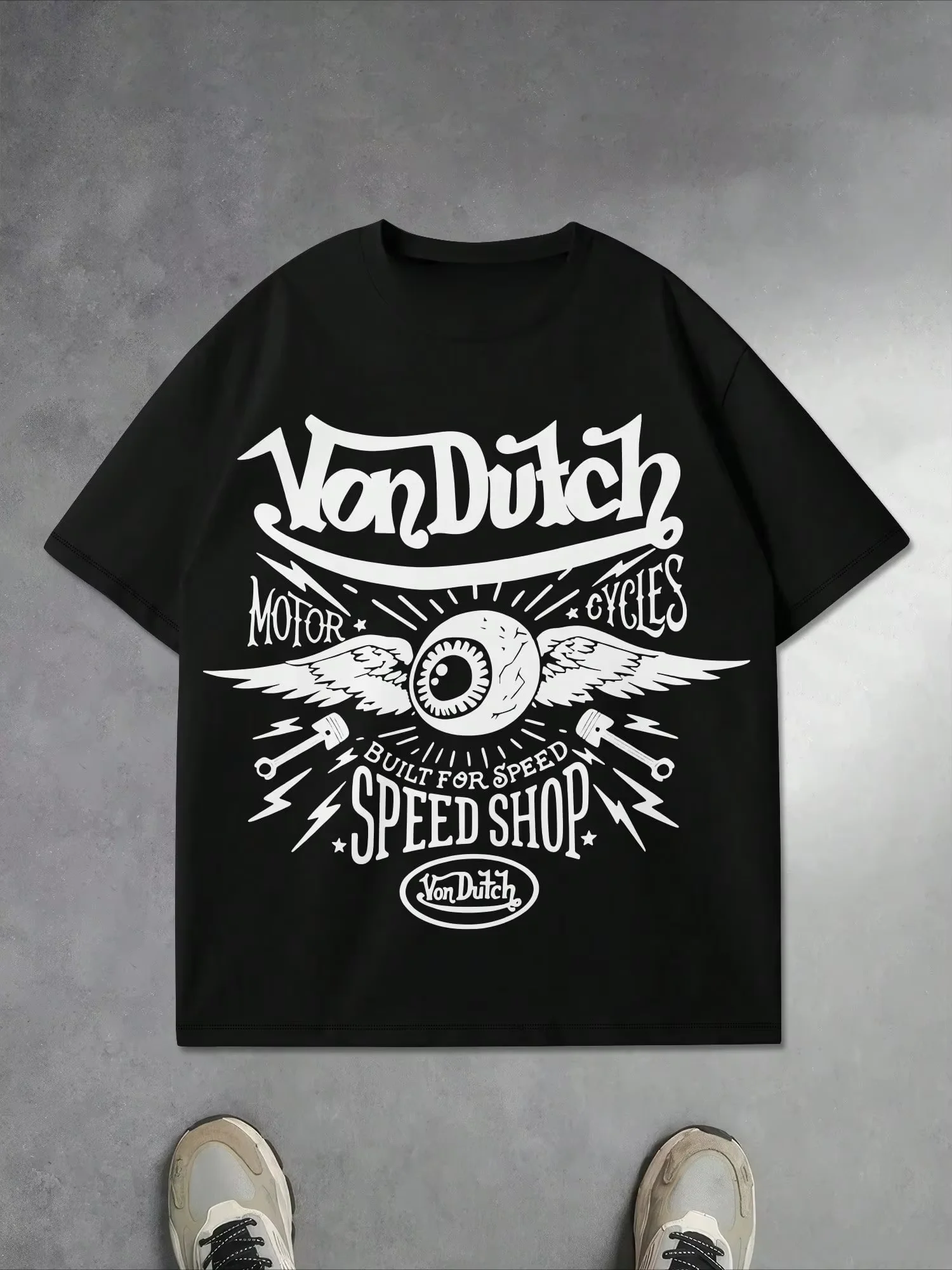 2026 Black Retro Motorcycle Parent-Child T-shirt Winged Eyeball & Lightning Bolt Print, Vintage Biker Style Unisex Casual Tee