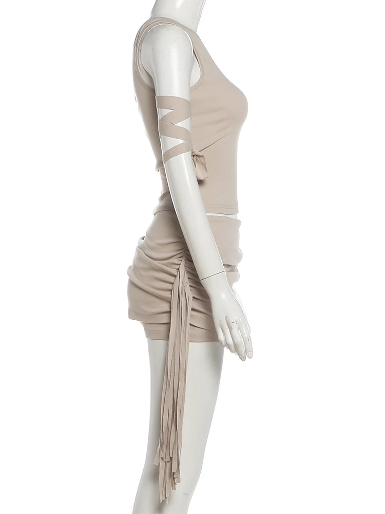 Weird Puss Sexy Quasten-2-Teiler-Set für Damen, schräge Schultern, Bandage-Weste + elastische Taille, klassische Falten, kurzer Mitternachts-Hottie-Anzug – Detail 4