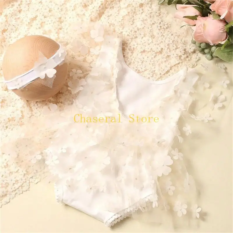 E7CE Newborn Photo Outfit Baby Mesh Romper Flower Headband Infant Photoshoot Clothes