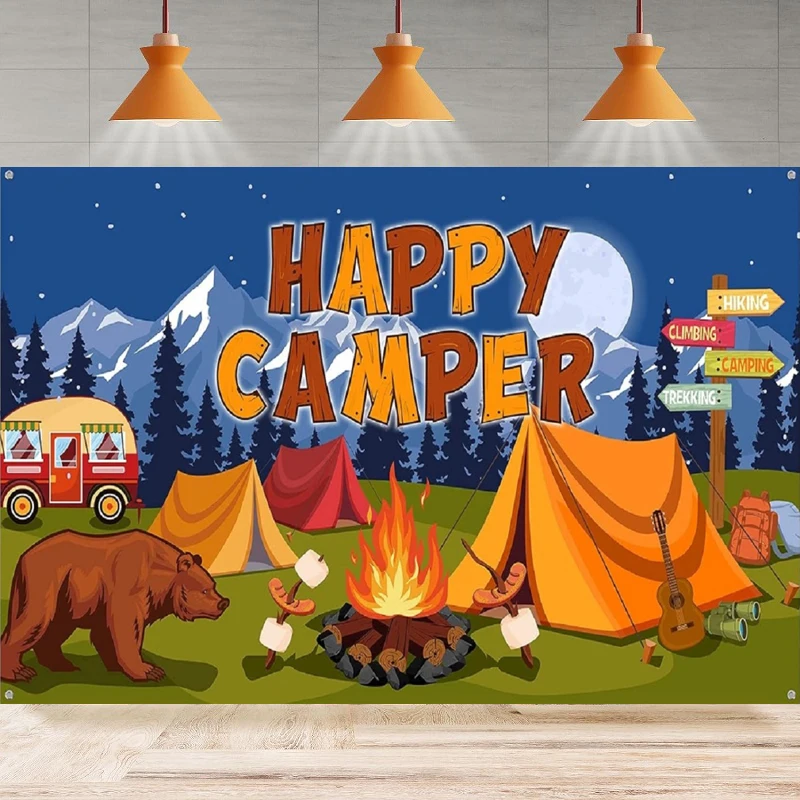 

Photography Backdrop Happy Camper Campfire Forest Adventure Poster Background Home Party Backdrop Wall Banner Decor