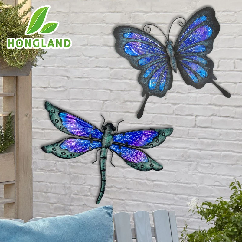 HONGLAND-Metal Butterfly Dragonfly Garden Decoration, Sculpture Statue for Wall Art, Ornaments of Patio Yard, 2 PCs