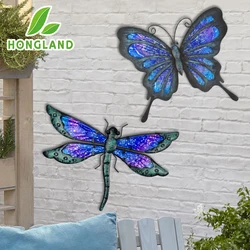 HONGLAND-Metal Butterfly Dragonfly Garden Decoration, Sculpture Statue for Wall Art, Ornaments of Patio Yard, 2 PCs