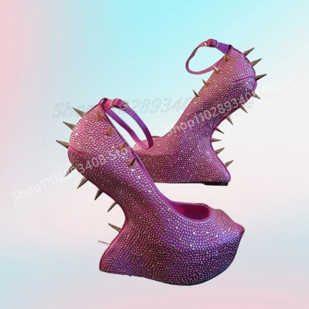 

Rose Red Crystals Rivets Sandals Peep Toe Platform Strange Style Heel Ankle Buckle Fashion Women Shoes 2025 Summer Para Mujere