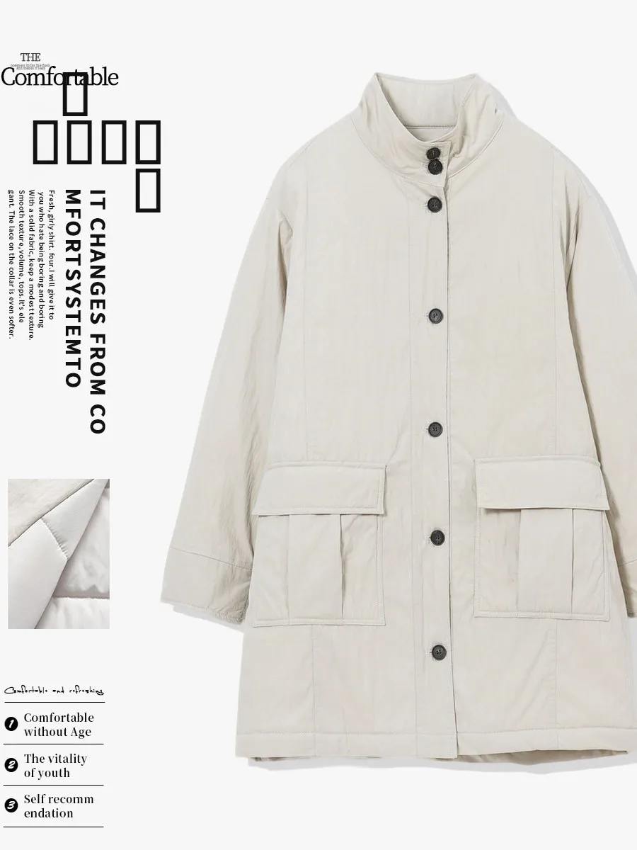 

Zimode Winter Cotton Jaet Women's Mid-Length Stand Collar Lazy American Retro Sle Coat with ket New Arrival