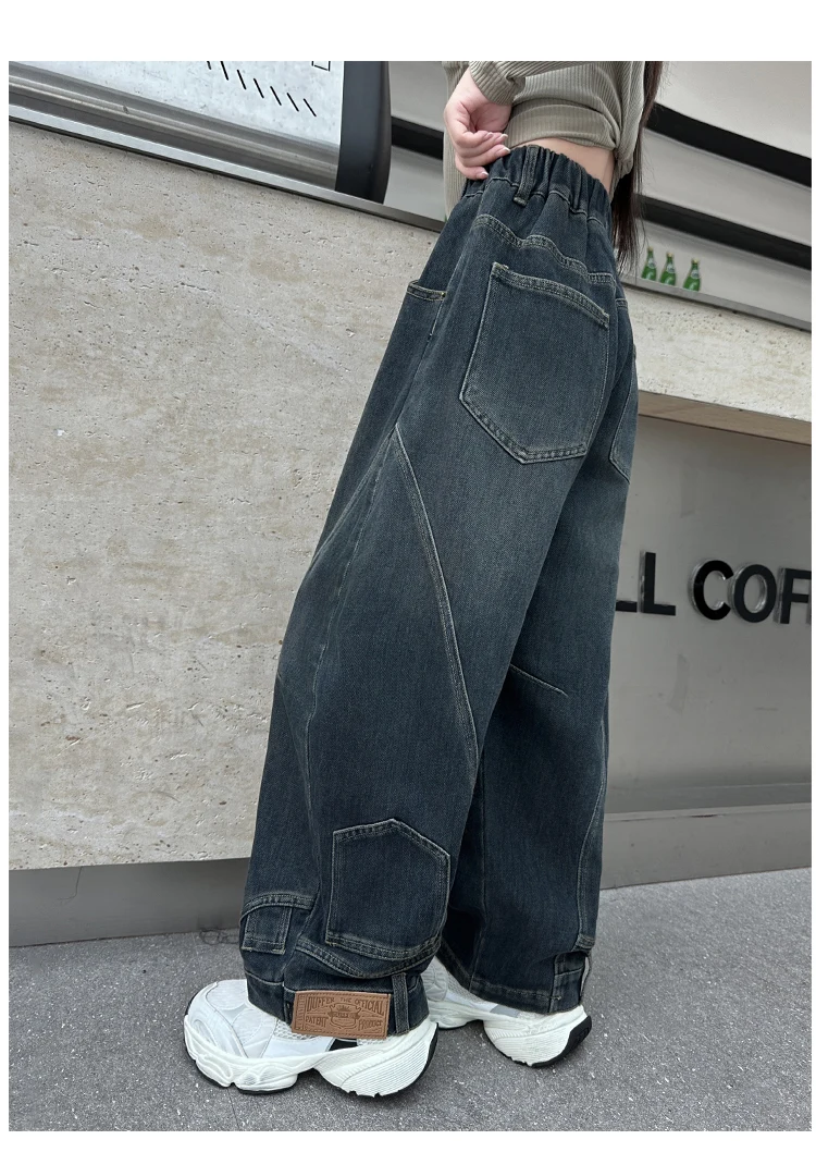 Neues Design Baggy Jeans für Mädchen, Herbst, locker, lässig, elastische Taille, Teenager-Kinder, weite Hosen, Streetwear, Kinderhosen – Detail 7