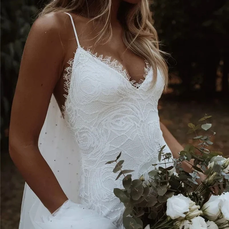 Robes de mariée sirène personnalisées avec appliques dos nu, bretelles spaghetti, train de balayage, trompent, quelle que soit la robe de mariée, 2023